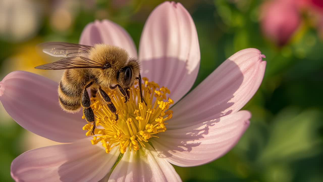 Probing honeybee perching on pink daisy-like flower shifting legs and packing pollen in sunlight