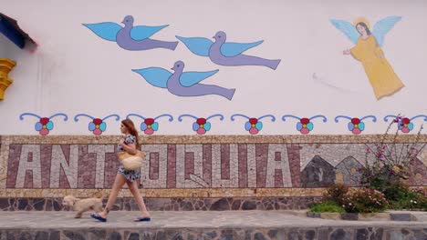 Tracking-Shot-Of-Attractive-Lady-Walking-With-Bichon-Dog-In-Unique-Antioquia-Town,-Peru