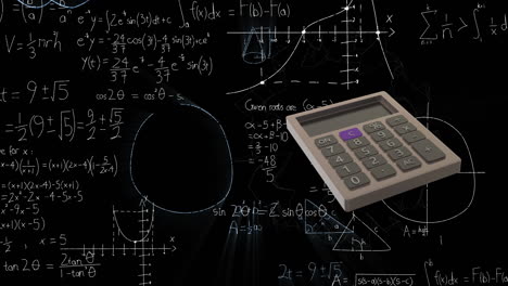 animación de calculadora en movimiento y ecuaciones matemáticas en fondo negro