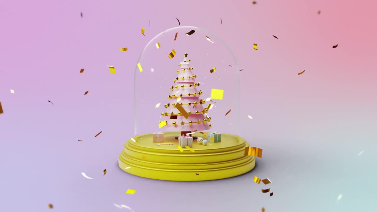 핑크색 배경에 크리스마스 트리와 함께 스노우 글로브 위에 콘페티의 애니메이션