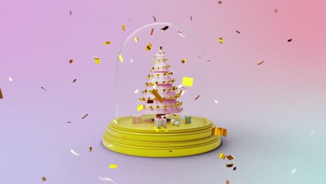 animación de confeti sobre globo de nieve con árbol de navidad en fondo rosa