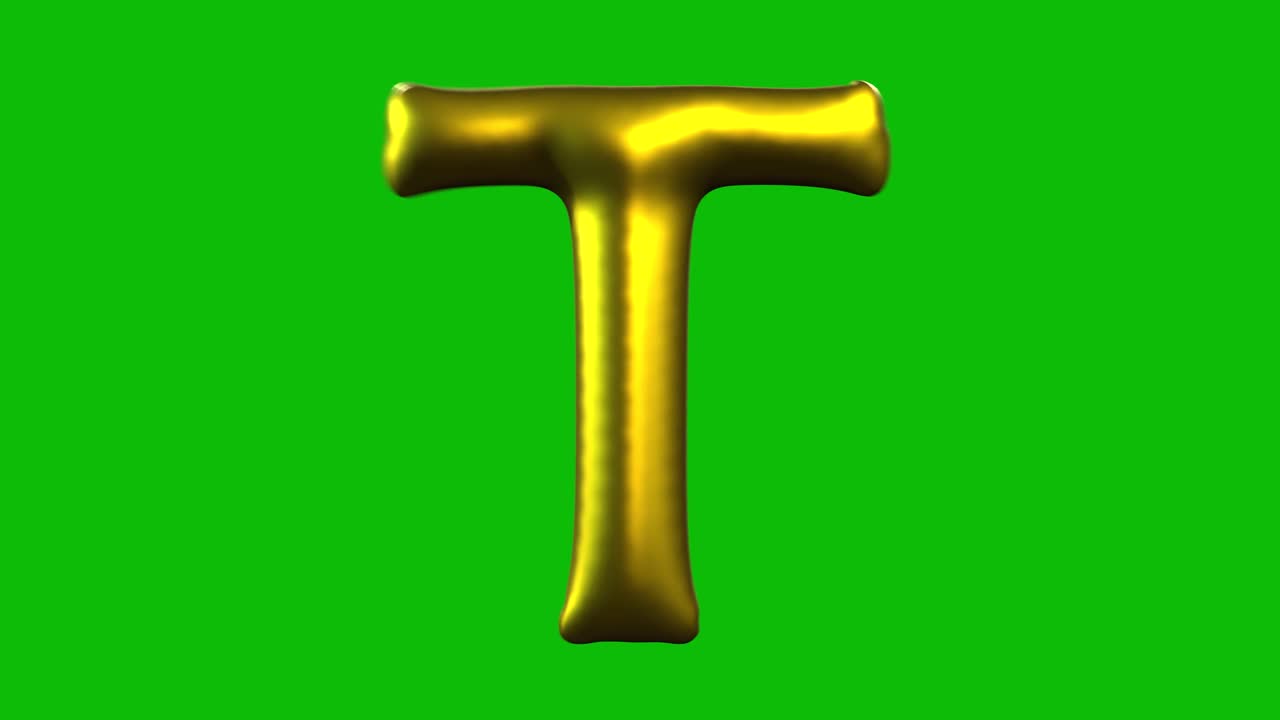 Gold Foil balloon letter T inflates, spins, and reveals on green screen in 3D animation. Ideal for celebrations, parties, birthdays, and video editing projects