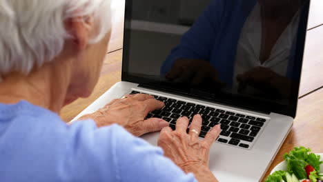 close up mature woman using a laptop with a salad putting on the table
