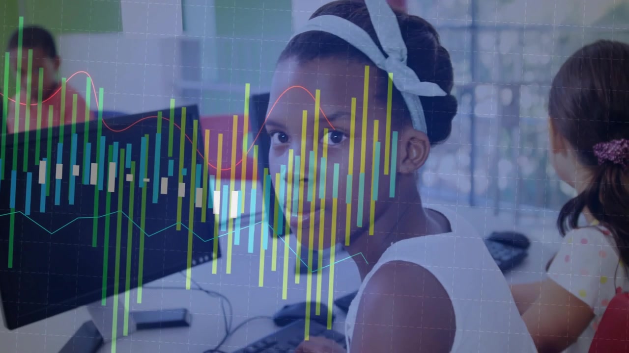 Child girl typing on keyboard in education lab, activating data equalizer bars and smiling