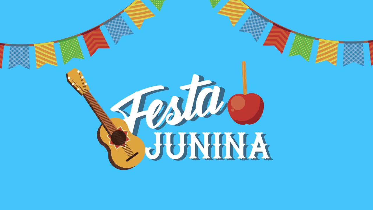 animación de letras de festa junina con guirnaldas y guitarra