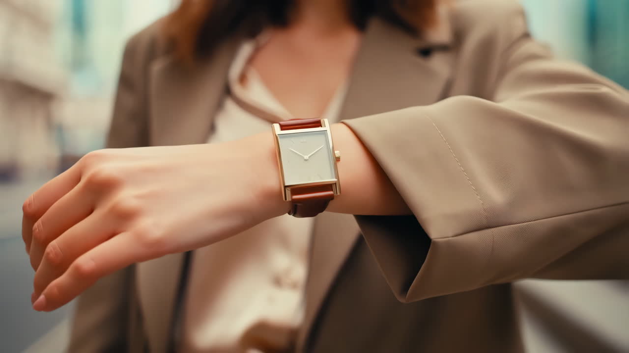 Woman checking her watch in an urban setting