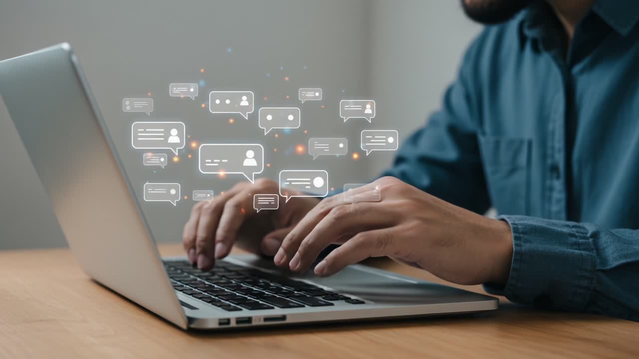 A Person Engaging in Online Communication on Their Laptop, Surrounded by Floating Chat Bubbles and Digital Messages, Illustrating Modern Connectivity and Interaction
