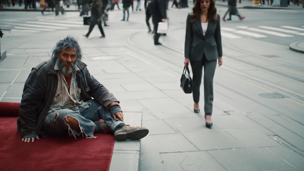 In a bustling urban setting, a homeless man sits on the street, surrounded by pedestrians, while a businesswoman walks by, showcasing the stark differences in their lives and experiences.