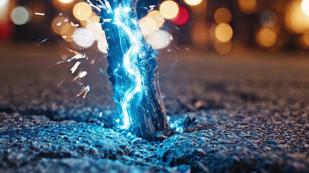 A Glowing Stick Emerging from Urban Asphalt: Capturing the Mystical Contrast Between Nature and City Lights in a Surreal Night Scene