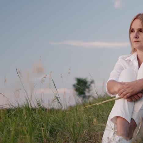 une femme en costume blanc est assise sur une colline en admirant le coucher du soleil 4