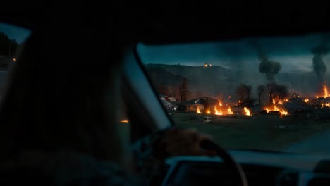 wildfire disaster from a car window