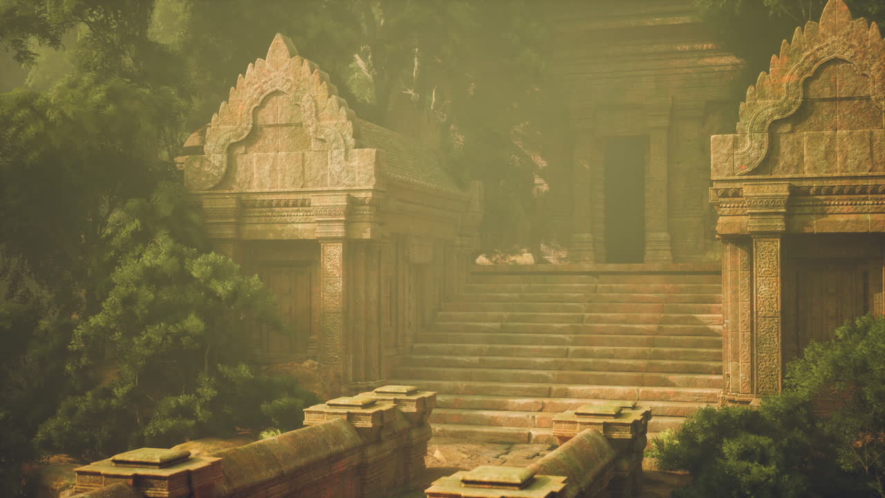 Ancient temple ruins surrounded by lush vegetation in misty environment