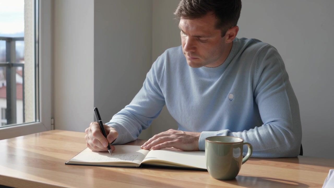 Leaning forward, man in blue sweater writing notes at home by window with notebook, pen, mug