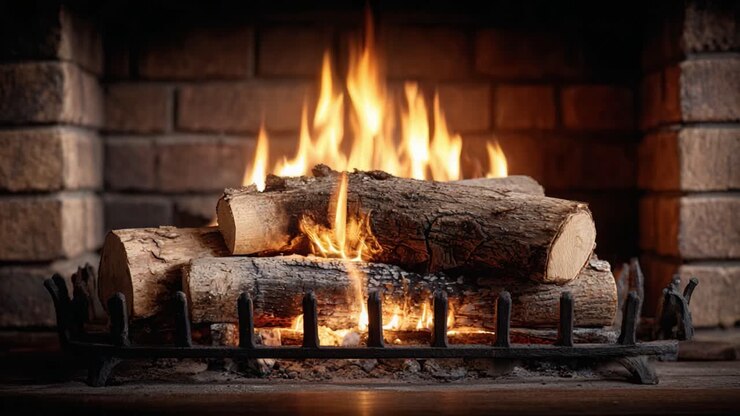 A Cozy Blaze: Capturing the Warmth and Essence of a Crackling Fireplace with Glowing Flames Dancing on Logs in a Rustic Setting