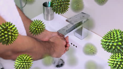 animación de células de macro coronavirus covid-19 que se extienden sobre el hombre lavándose las manos