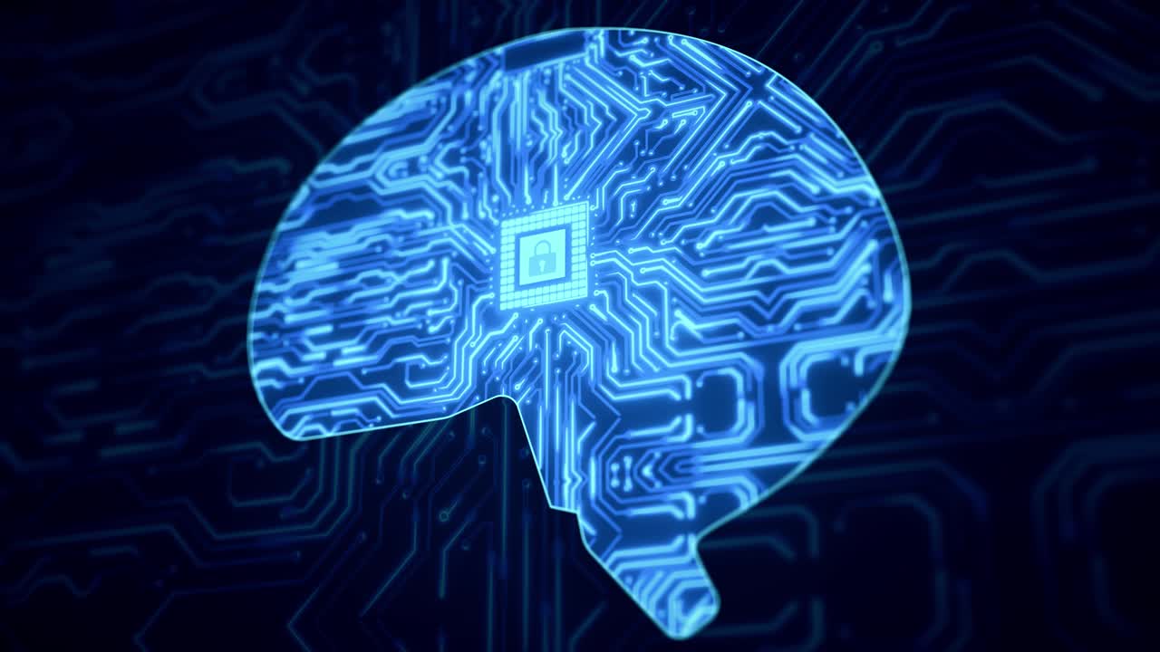 Artificial intelligence ai electronic brain powered by processor integrated circuits animation data