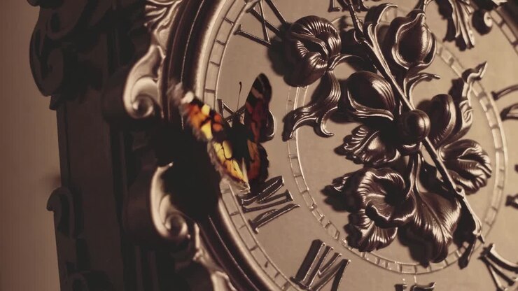 Video ravvicinato di una farfalla sul quadrante decorato di un orologio, che mostra dettagli intricati e vintage