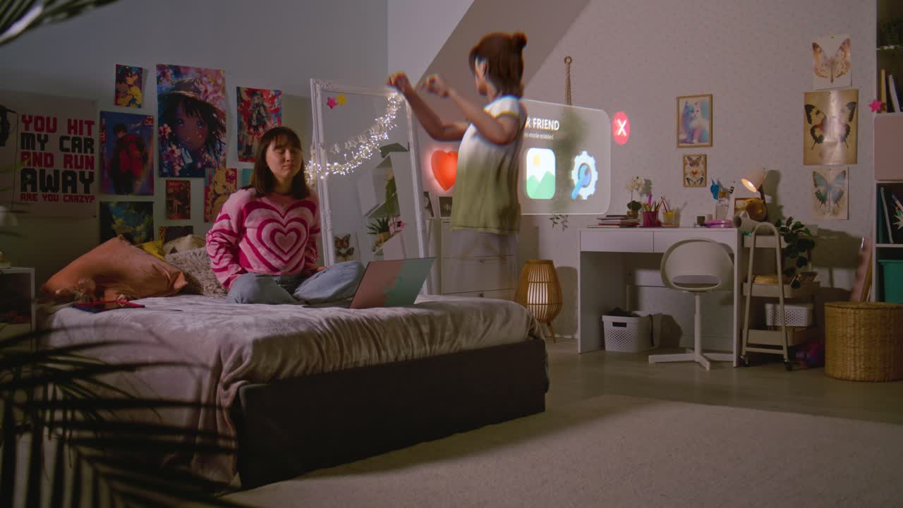 기술을 사용하여 침실에서 십대 소녀