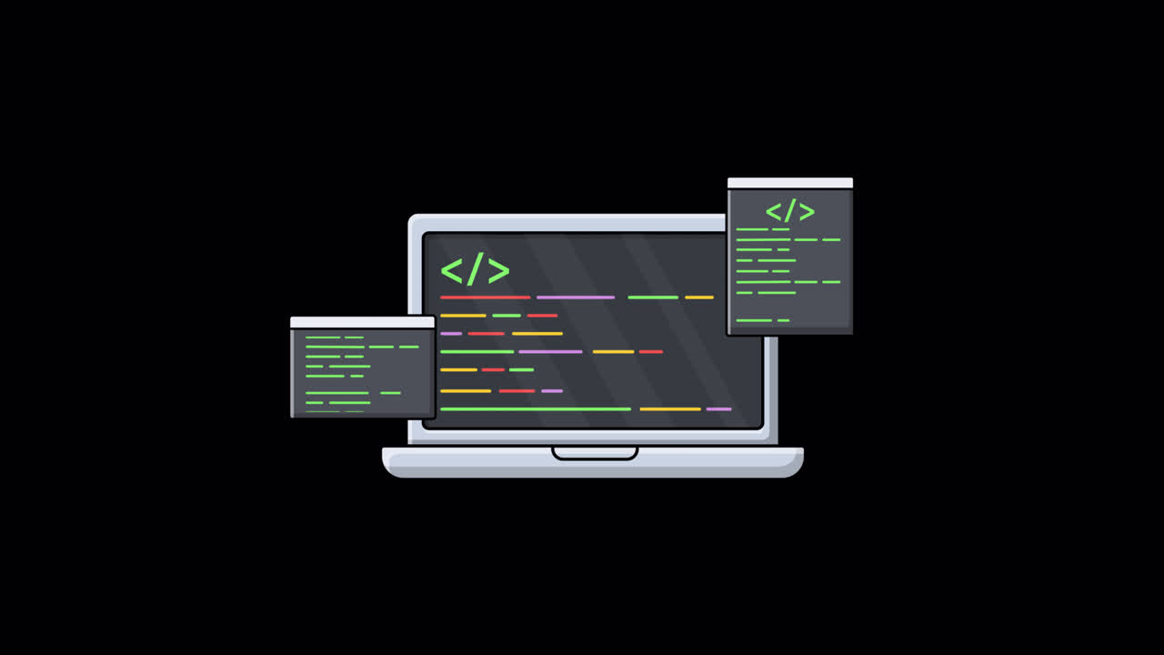 Animated Laptop Displaying Code and Programming Windows