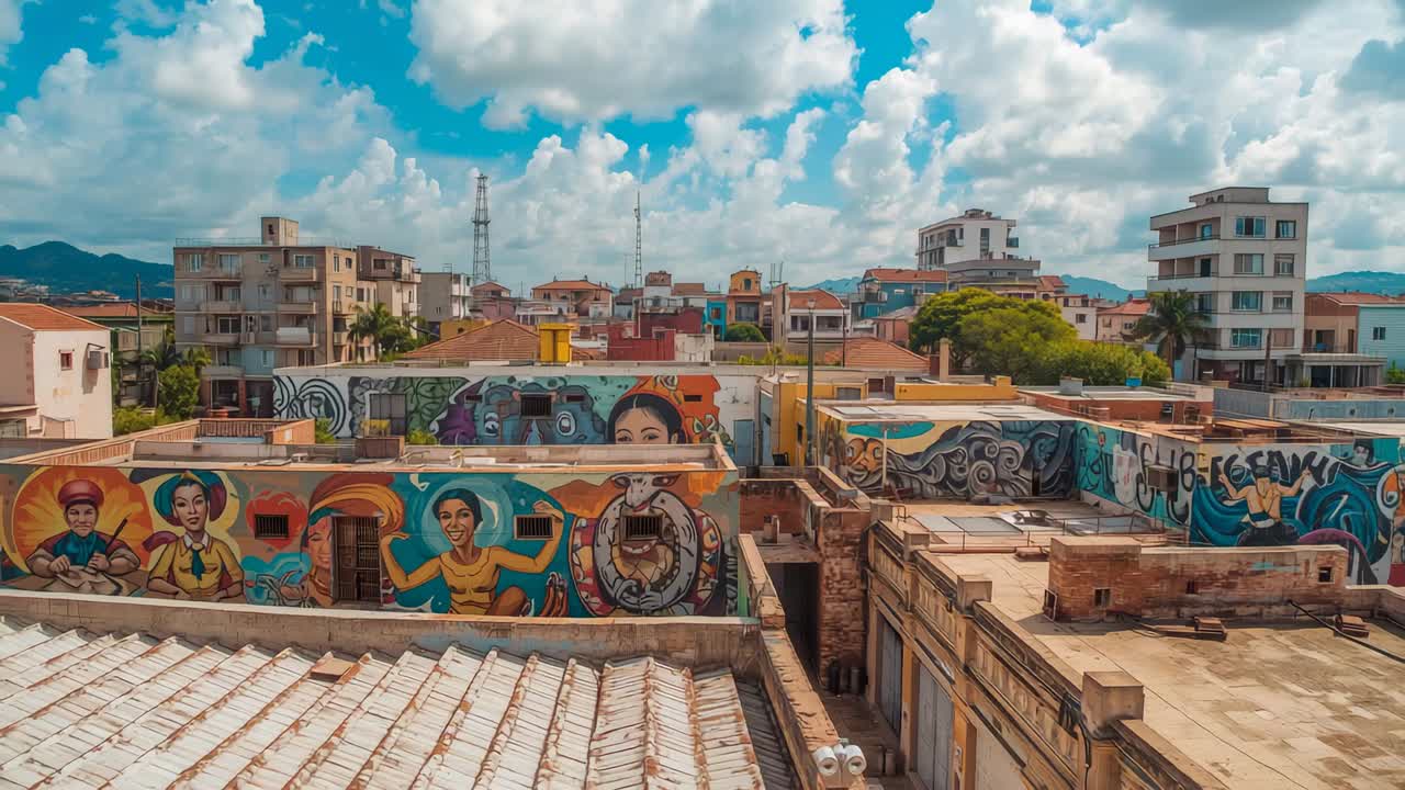 Panning drone camera after hover over mural-covered facade in town revealing graffiti artworks