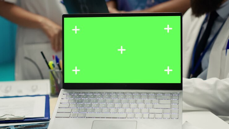 Laptop con green screen in un ambiente medico