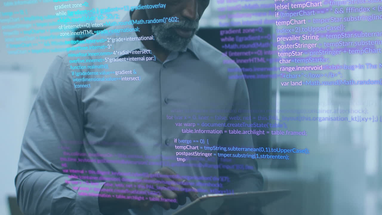 Animation of data processing over biracial businessman using tablet