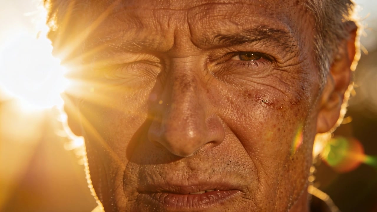 Homem idoso semicerrando os olhos contra o sol baixo na hora dourada, mostrando reflexo de lente e rugas.