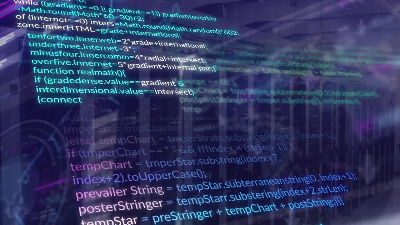 animación de procesamiento de datos y cuadrados de mosaico contra la sala de servidores de computadora