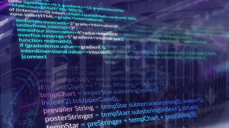 Animation af databehandling og mosaikfelter i et computerserverrum.