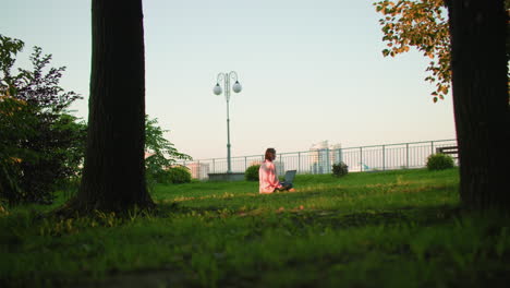 woman seated on grassy field working on laptop with light pole, iron railing, and urban buildings in the background, peaceful setting combining nature with urban element