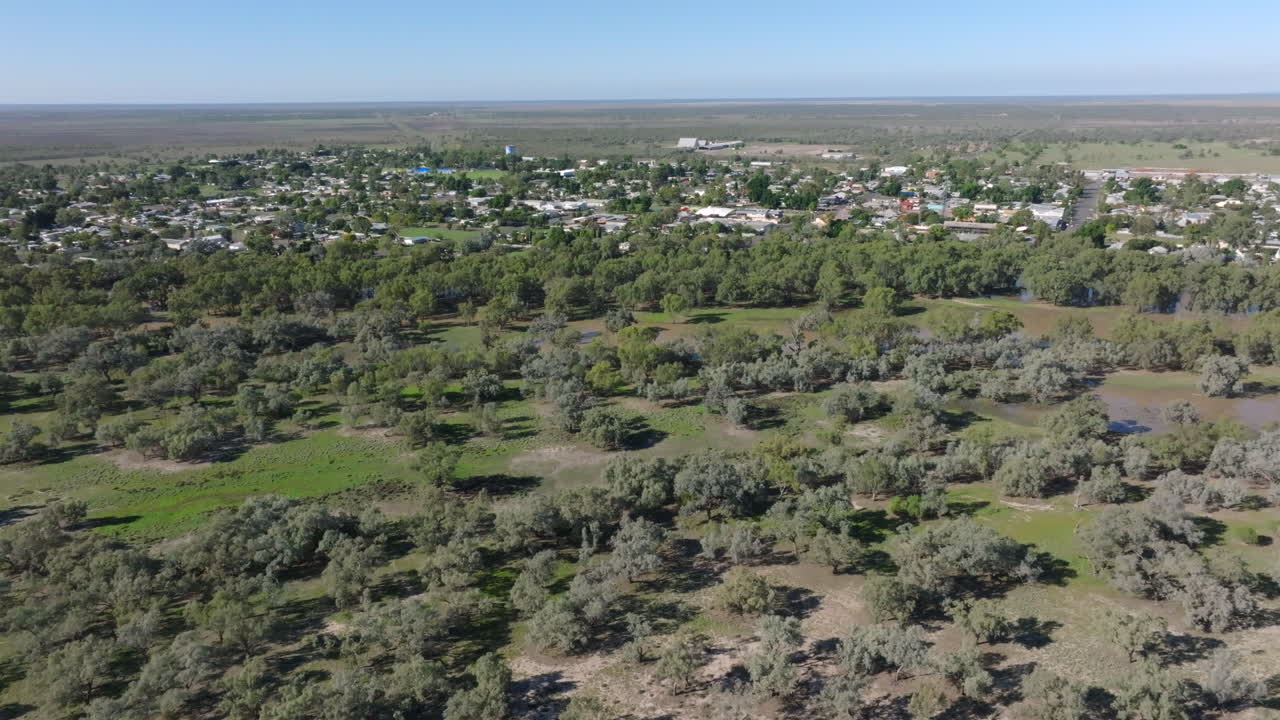 Aerial: Drone flying towards Bourke, NSW Australia