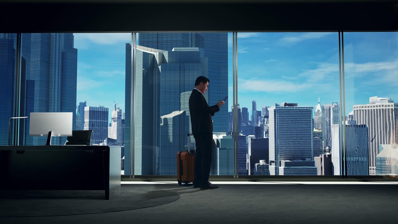 태블릿을 사용하는 가방을 가진 아시아 사업가와 마천루가 있는 큰 도시를 창밖으로 바라보는