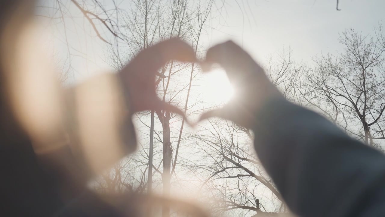 Hübsche weiße Frau formt mit den Händen ein Herz, hinterleuchtete Winterbäume und weiches Bokeh, Silhouette im Wollmantel, Sonnenstrahlen durch Äste, nostalgische Zeitlupe, junge Studentin träumt im Park