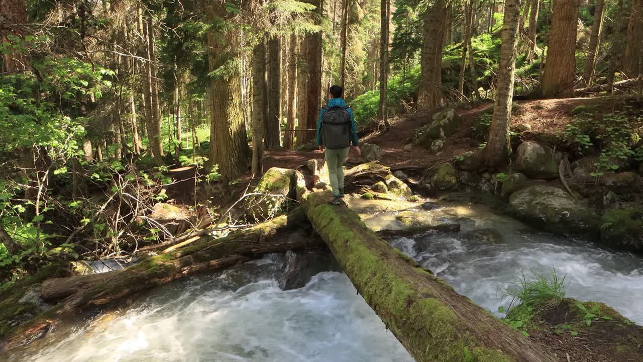 mujer caminando con una mochila de senderismo en el bosque verde de primavera