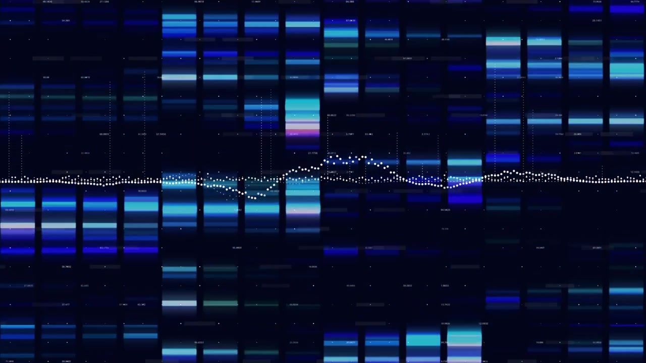 Animation of data processing over blue grid on green background