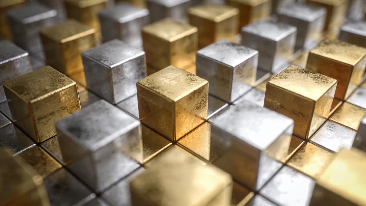 Shifting camera pulling focus across studio grid, showing gold and silver cubes' textural contrast