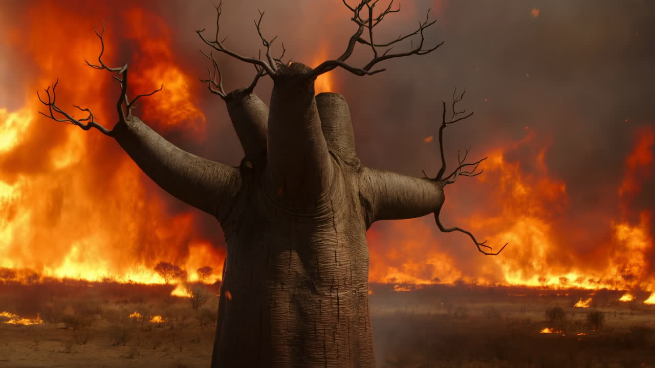 Yaban ateşiyle sarılmış baobab ağacı. Erimiş turuncu alevler ve yoğun duman, kavrulmuş savanayı kaplıyor.