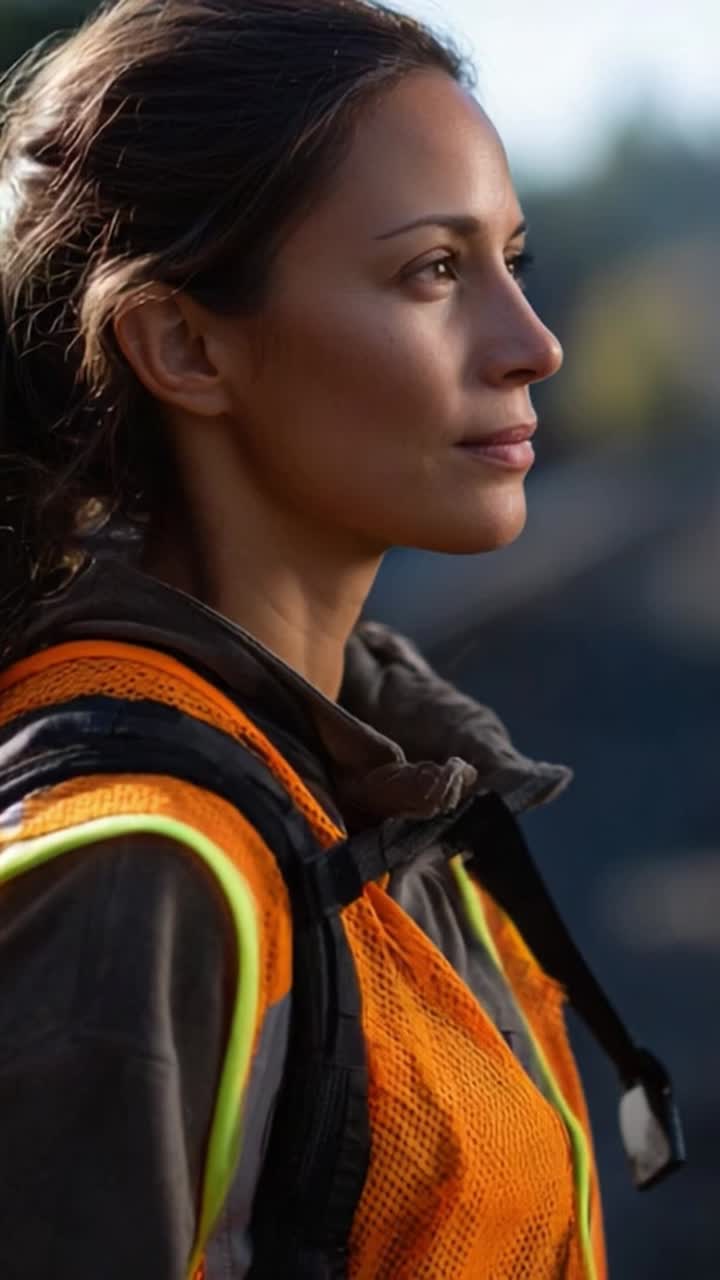 Focused Woman in Safety Gear Looking Towards the Future, Exuding Confidence and Determination, Ready for Challenges Ahead in Outdoor Environment