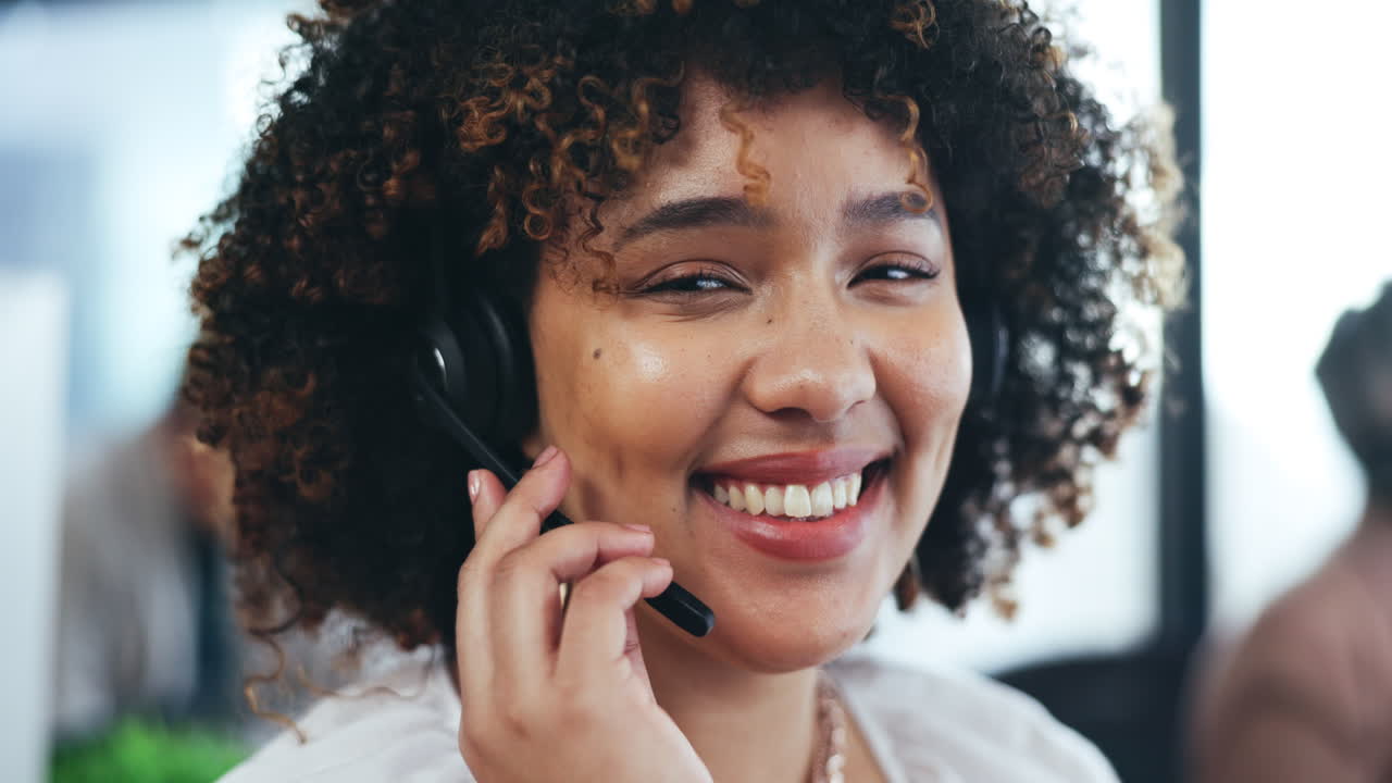 Call center, headset and portrait of a woman