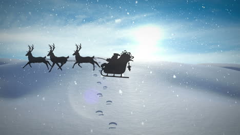 animation of santa claus in sleigh with reindeer passing over snowy winter scenery