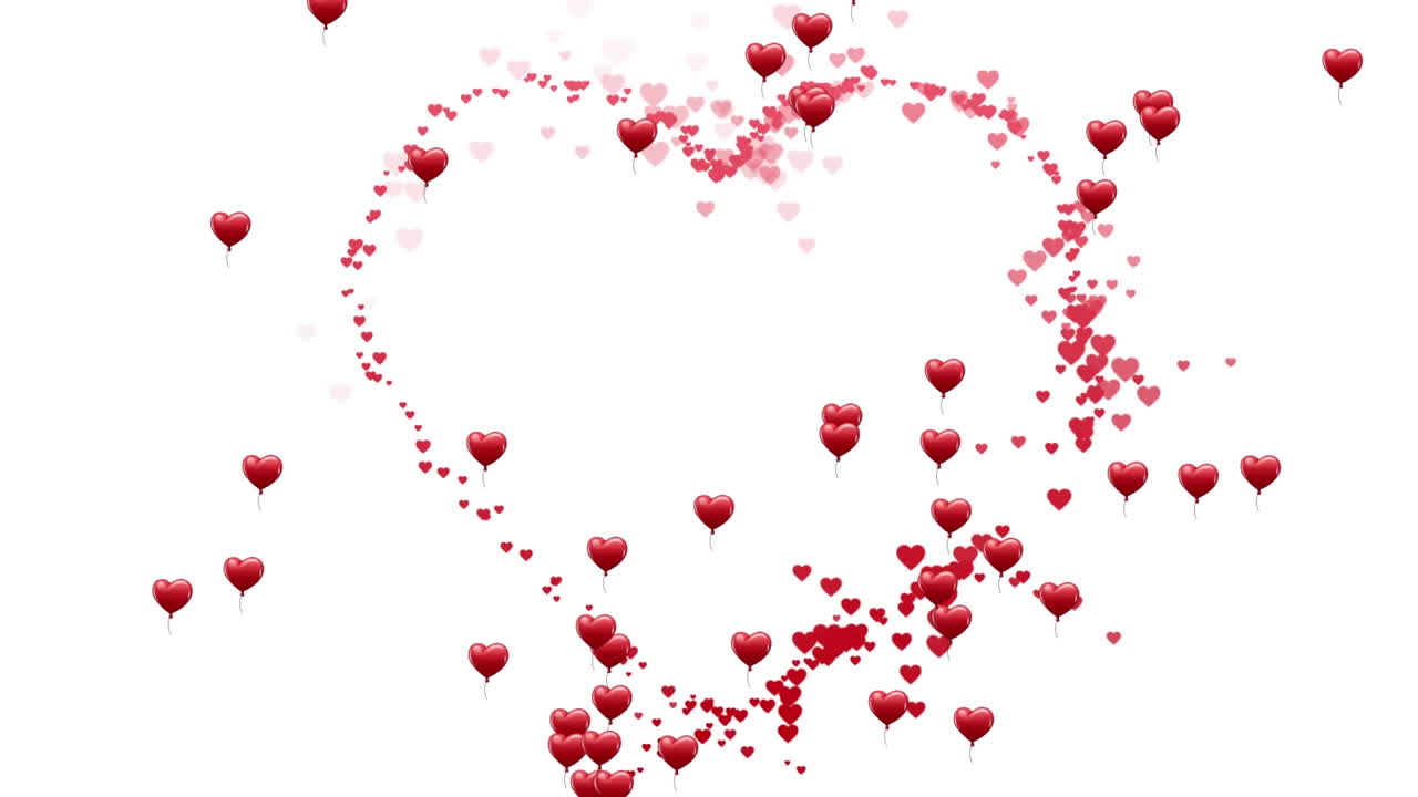 ⁇ 색 바탕에 떠다니는 빨간색 심장 아이콘의 애니메이션