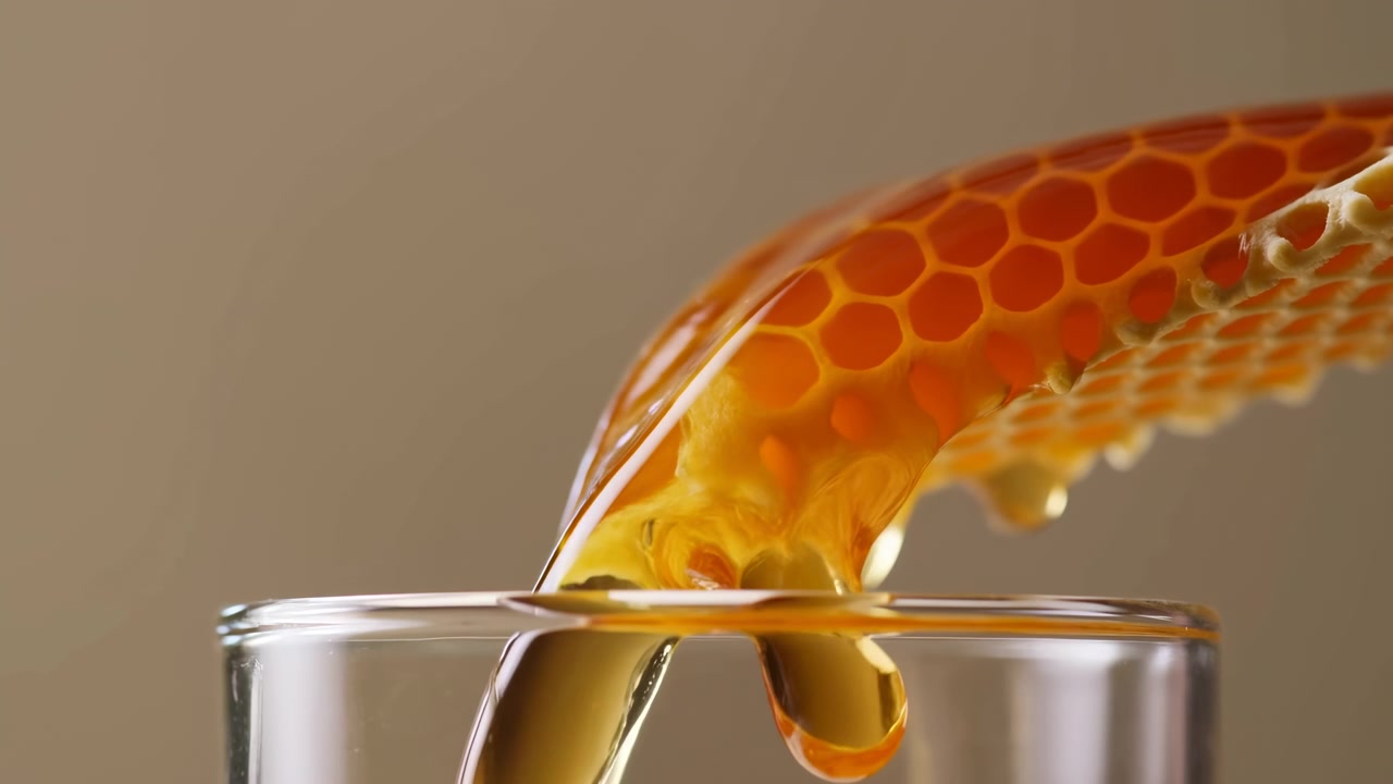 Il miele scorre da un favo saturo in un barattolo di vetro trasparente, formando un nastro ambrato lucido, un collo sottile e goccioline che cadono accanto a una texture esagonale, riflessi caldi e uno styling alimentare commerciale delicato