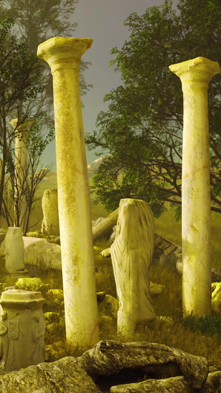 Antiche rovine in un campo erboso con colonne spezzate e alberi nelle vicinanze