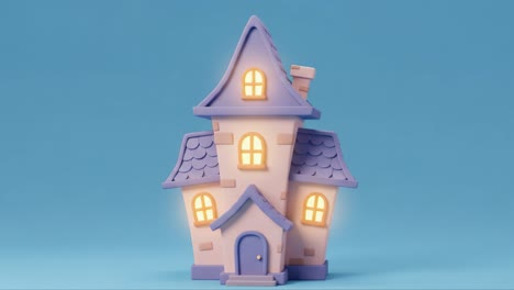 a charming purple cottage with glowing windows against a bright blue background, perfectly capturing a whimsical and cozy atmosphere