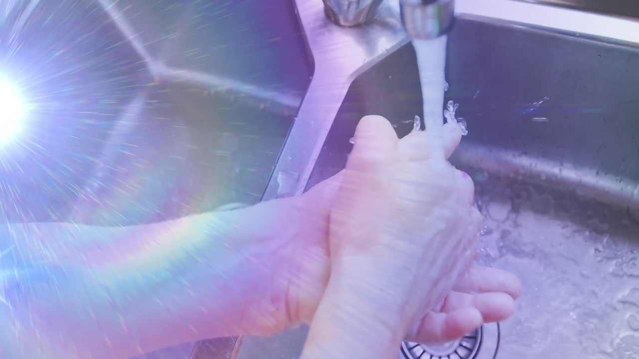 주방 싱크대에 손을  ⁇ 고 있는 고령 여성의 중간 부분을 가로질러 움직이는 빛의 애니메이션