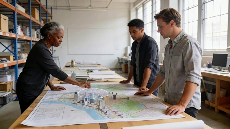 Reacting to holographic overlay appearing, senior woman and team in studio aligning models on map