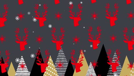 Weihnachtsbaum-Und-Schneeflocken-Fallen-über-Rentier--Und-Schneeflocken-Symbole-In-Nahtlosem-Muster