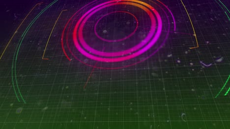 Animation-of-glowing-multi-coloured-scope-scanning-with-markers-over-grid-background