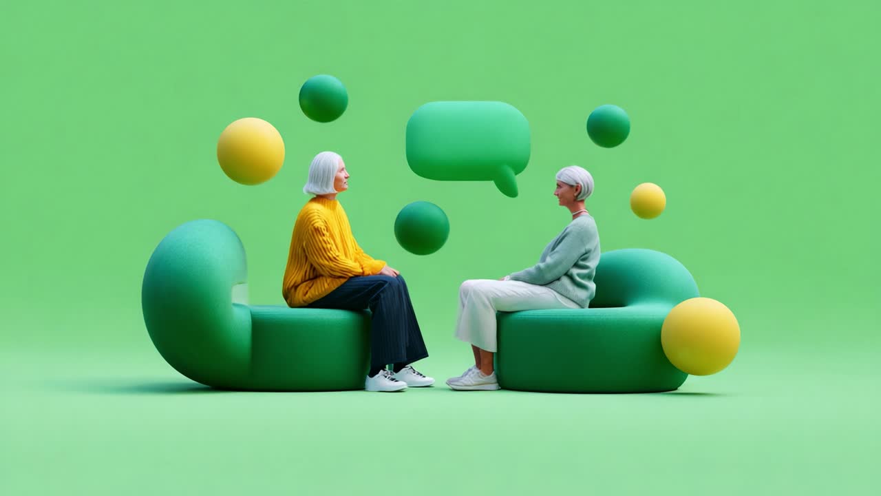 Two women engage in a lively conversation while seated on colorful couches, surrounded by vibrant spheres and speech bubbles, illustrating the joy of communication and connection