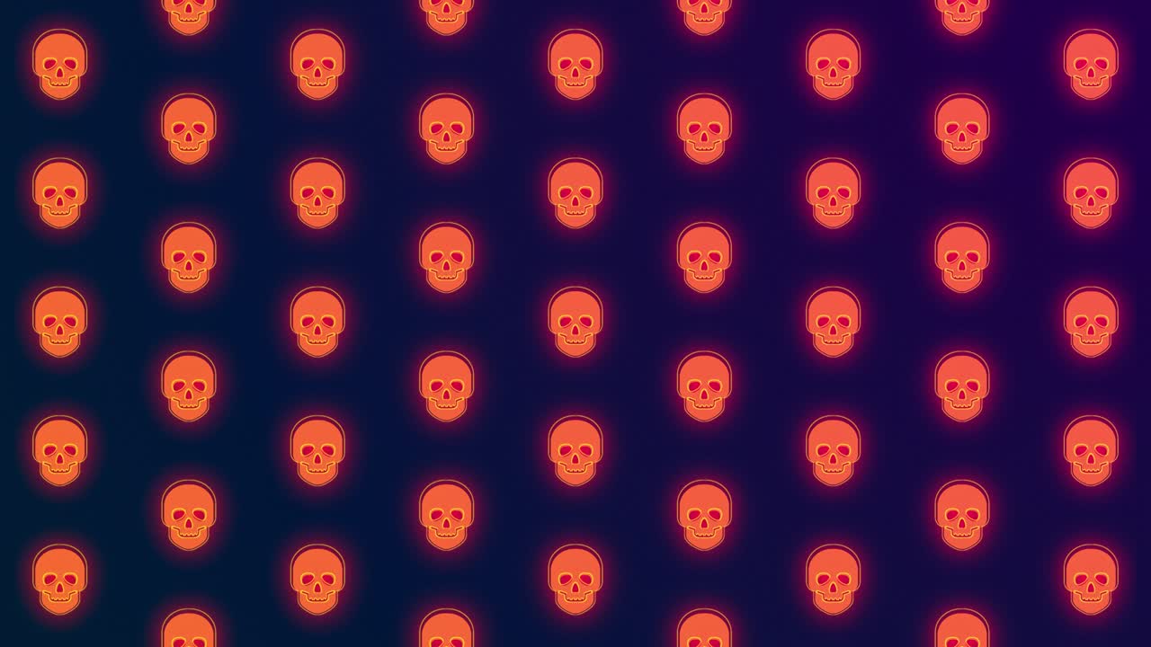 Teschi al neon luminosi animati di Halloween su sfondo viola. Animazione 4K in loop.